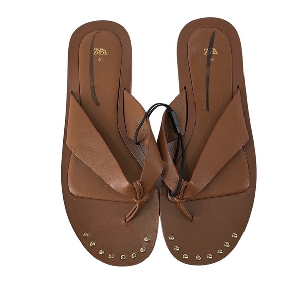 ZARA leather sandal flat thong brown studded sz 8 - Picture 1 of 12